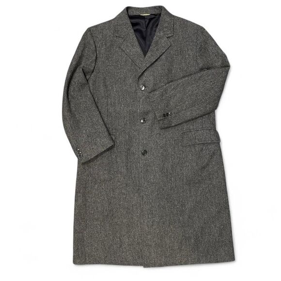 Vintage Silversteins Overcoat Mens L Gray Herringbone Pure Wool Topcoat Long - Picture 1 of 10